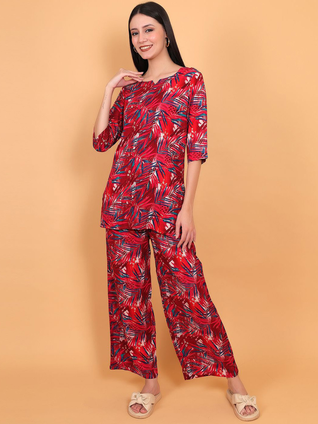 FIMS Tropical Printed Notch Neck Tunic With Palazzos