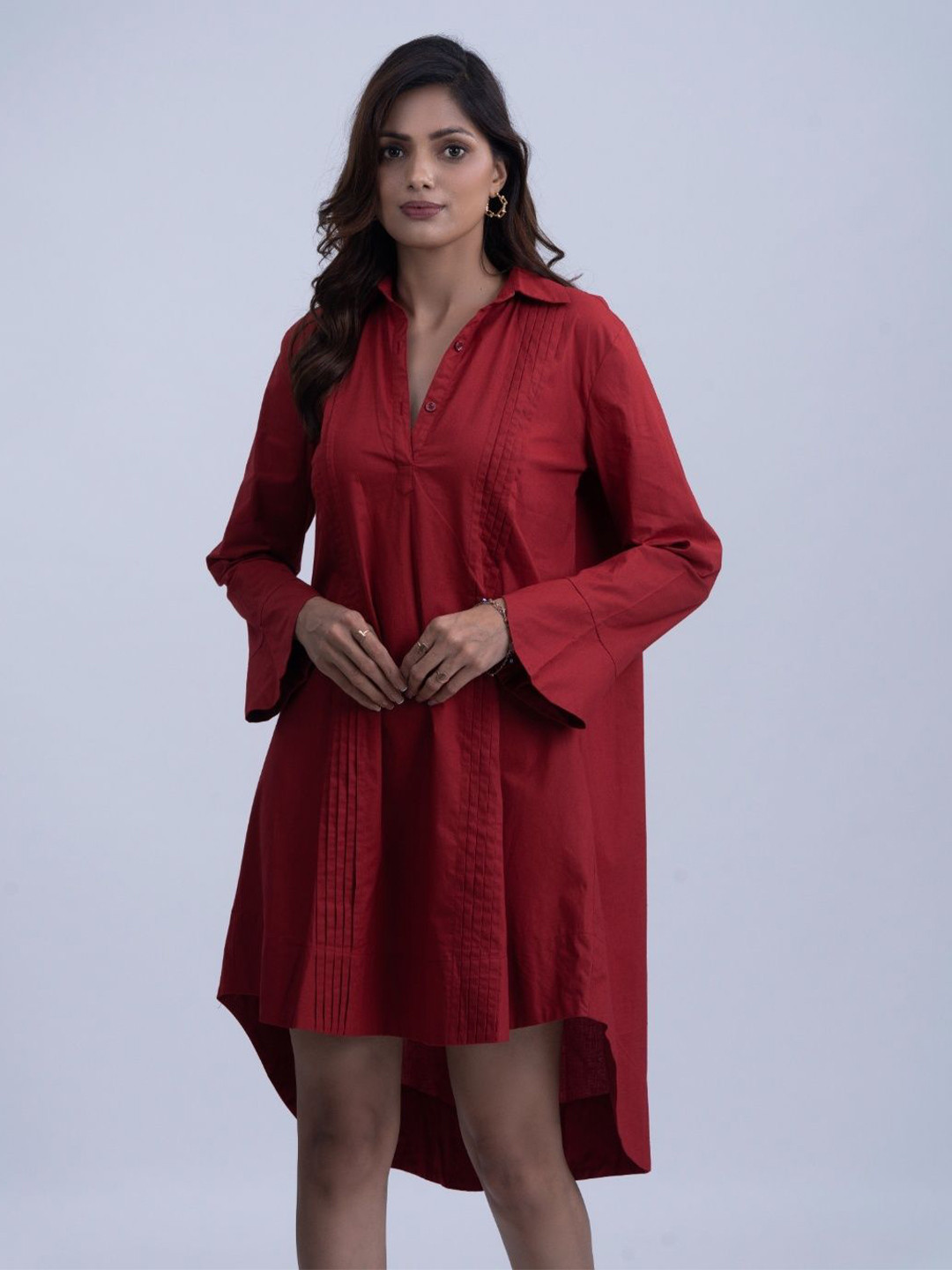 Myclo Ruby Women Cotton Shirt Collar Bell Sleeve A-Line Dress