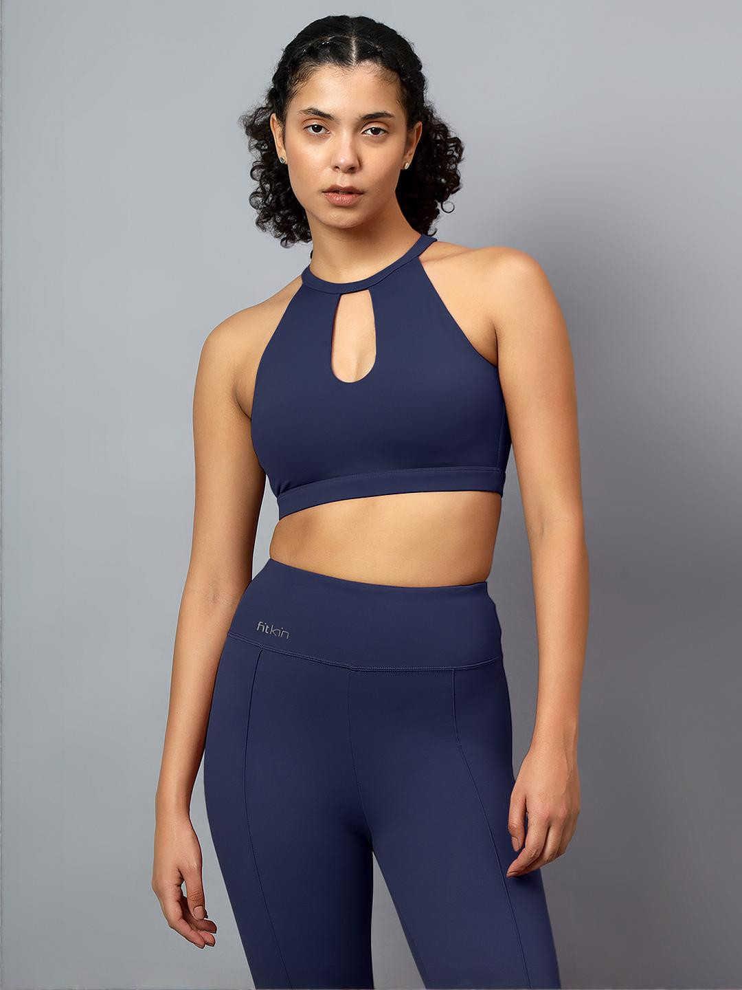 Fitkin Blue Nylon Non-Wired Removable Padding Workout Bra