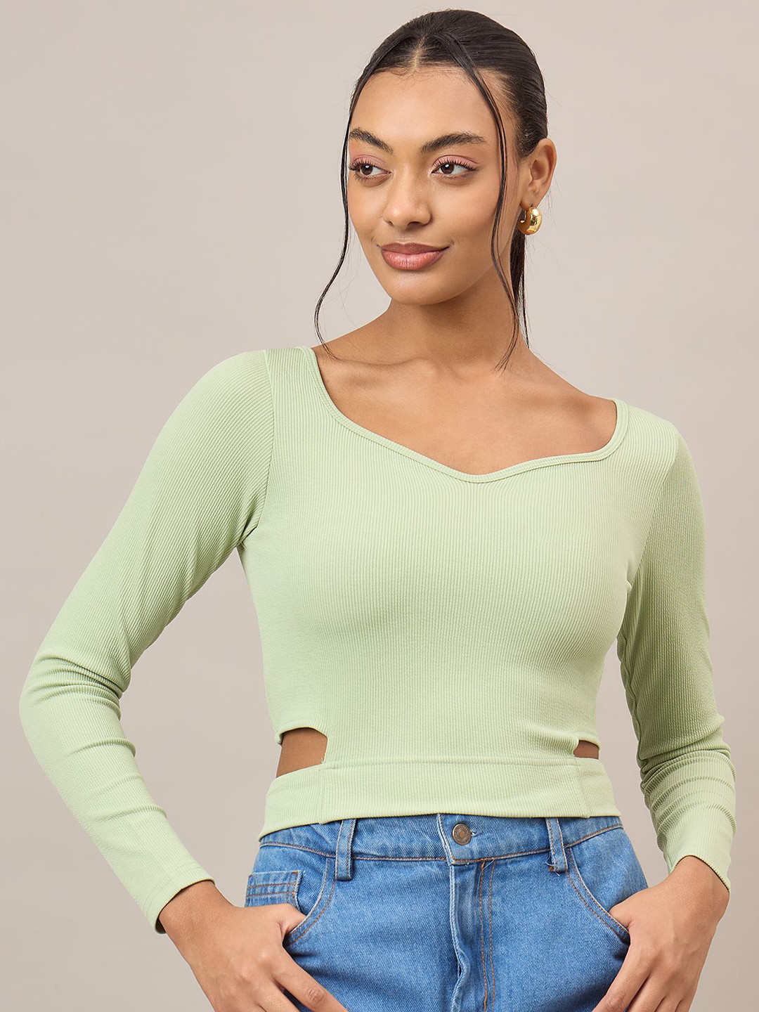 R.Code by The Roadster Life Co. Women Ribbed Cut Out Fitted Crop Top