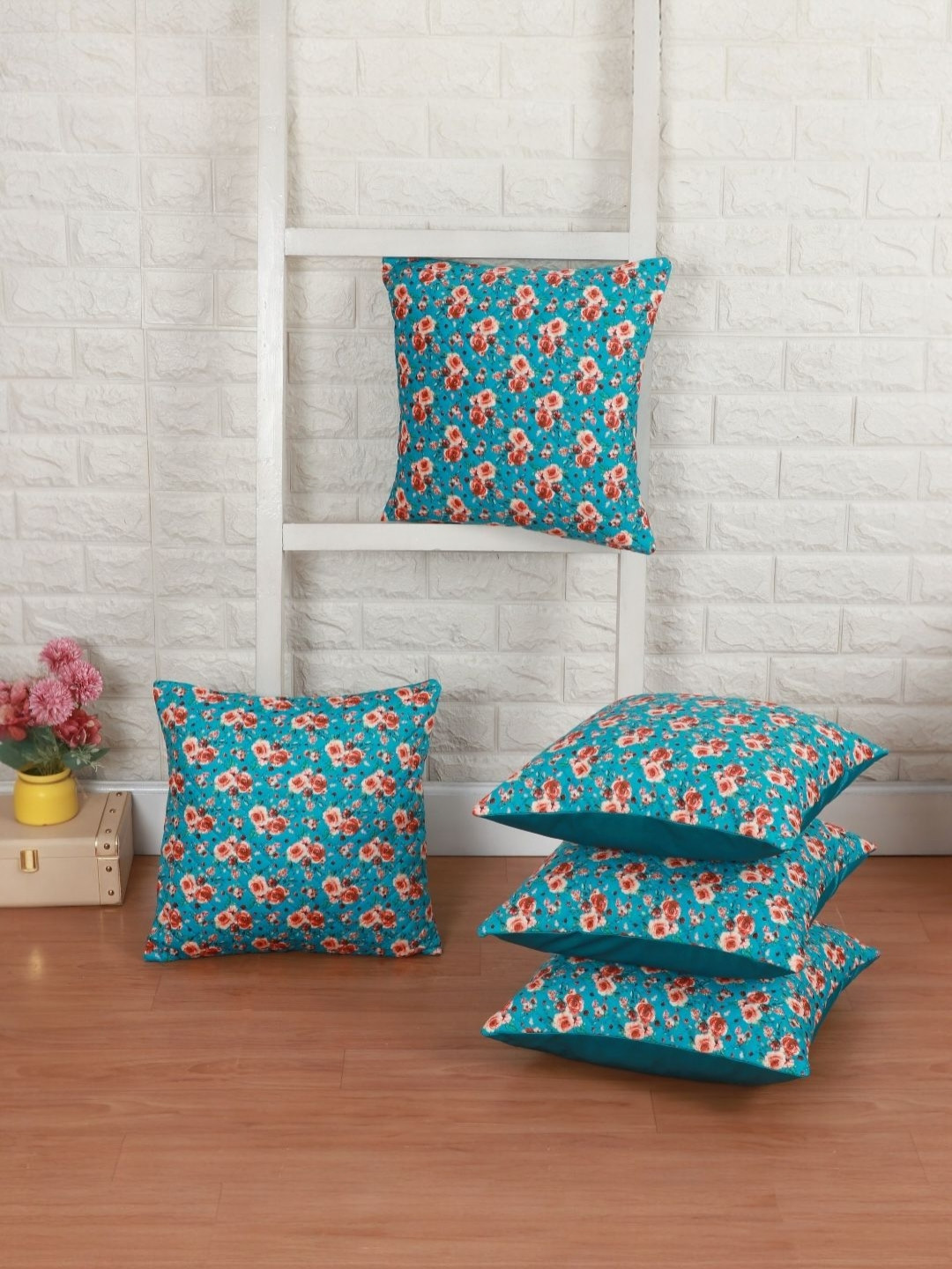 WISE HOME Blue & White 5 Pieces Floral Velvet Square Cushion Covers