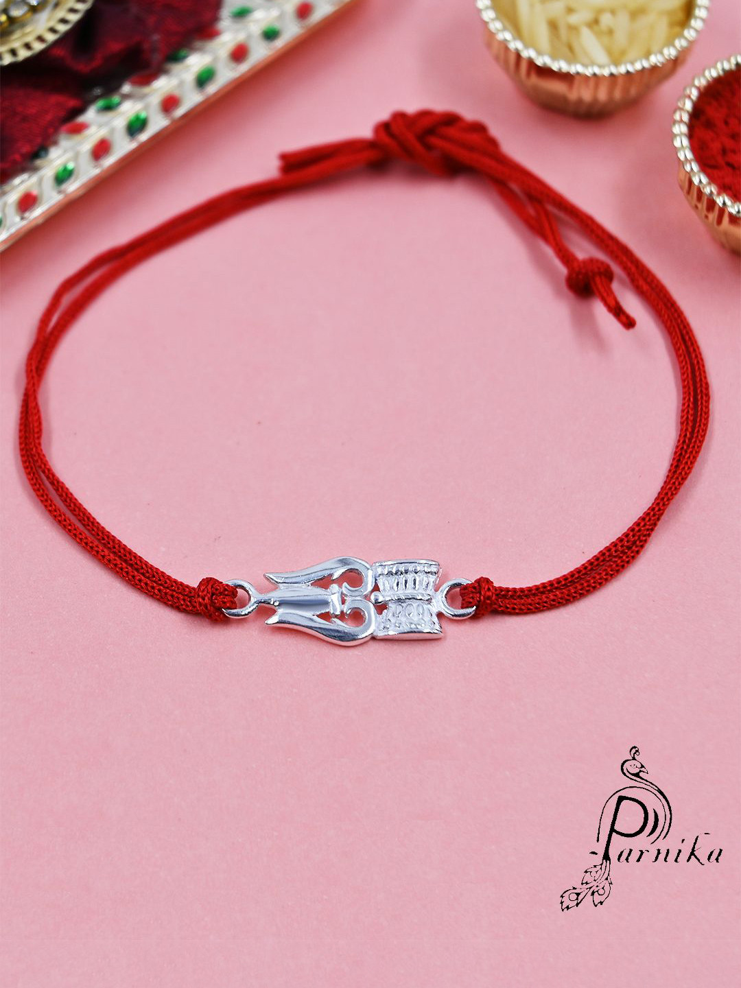 Parnika 925 Sterling Silver Trishul Damru Thread  Rakhi