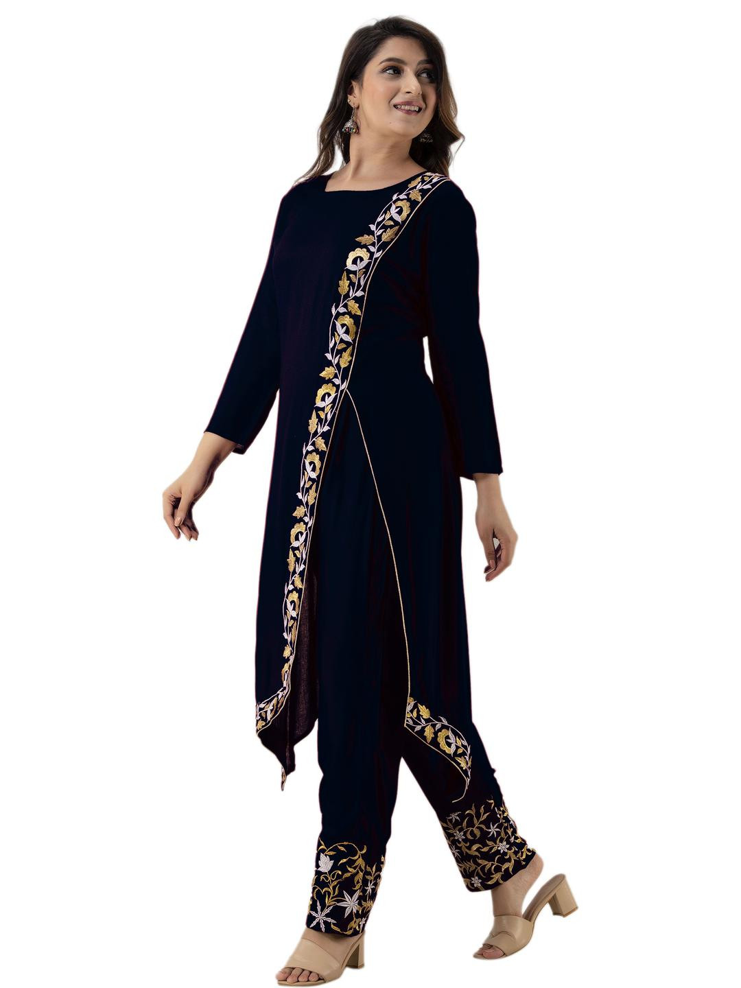 RA Creation Women Mustard Embroidered Viscose Rayon Kurta Sets