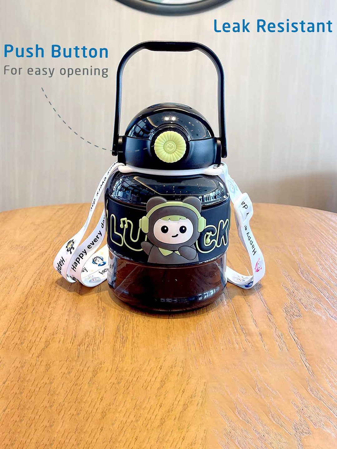 Kritiu Kids Black Cute Patch Sipper Water Bottle - 1000 ml