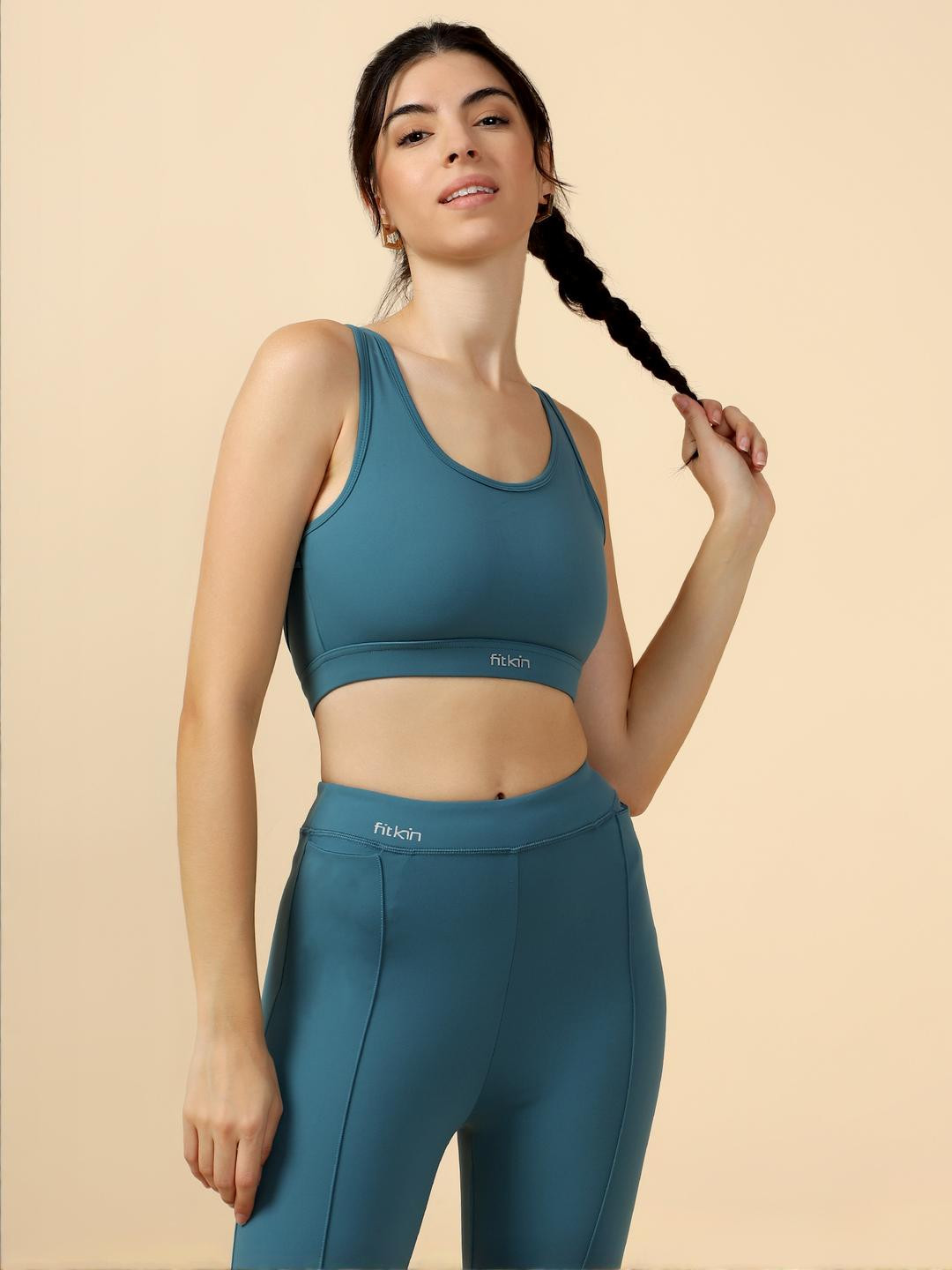 Fitkin Turquoise Blue Nylon Non-Wired Removable Padding Workout Bra