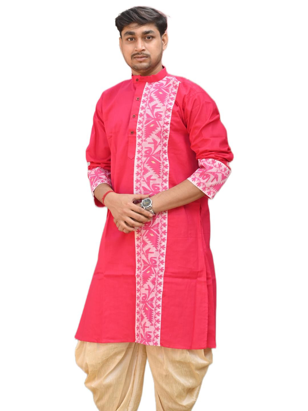 AMIT ONLINE Men Pink Self Design Pure Cotton Ethnic Kurta