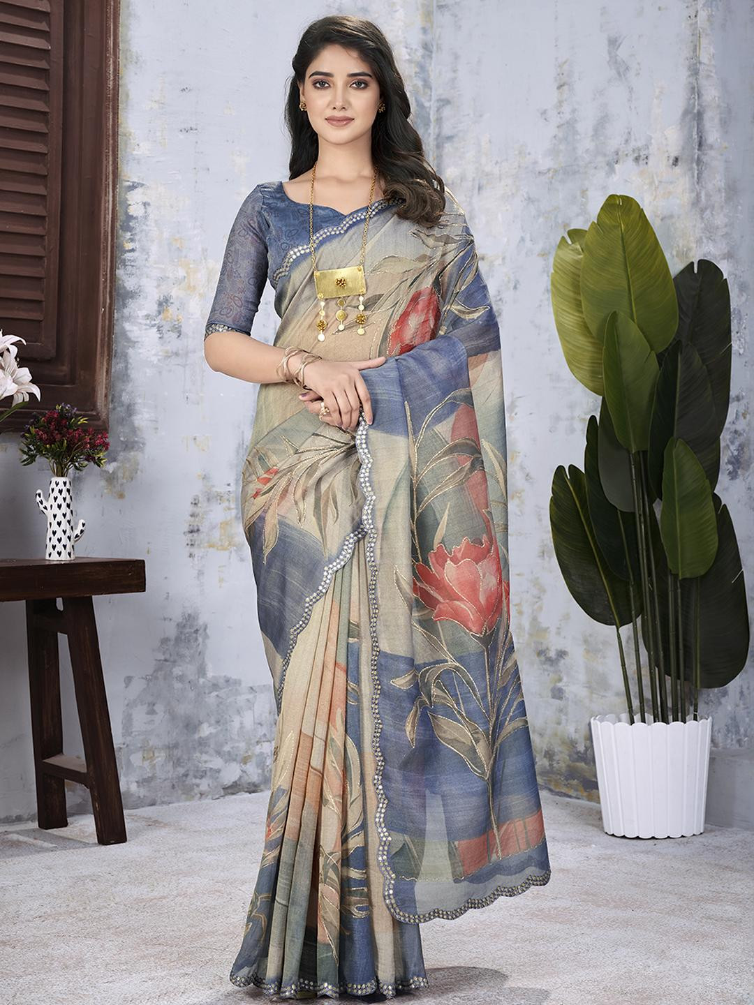 TASRIKA Women Grey Mirror Scalloped Tissue Organza Embroidered Saree