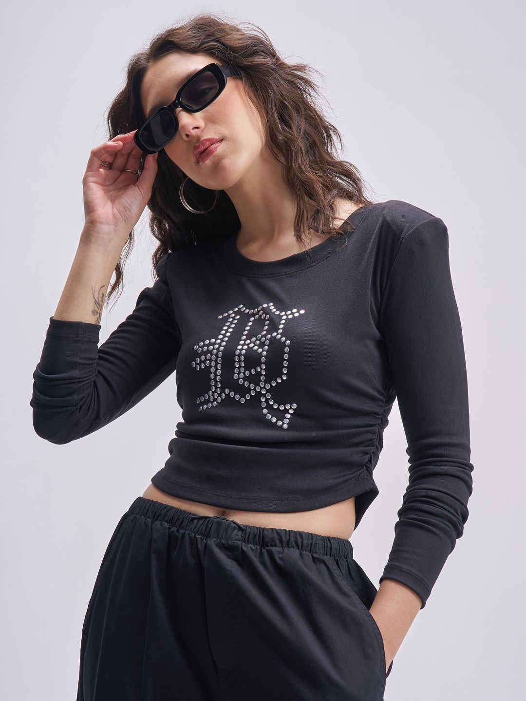 Street By Tokyo Talkies Women Embellished  Ruched Studded Cutout  Crop Top