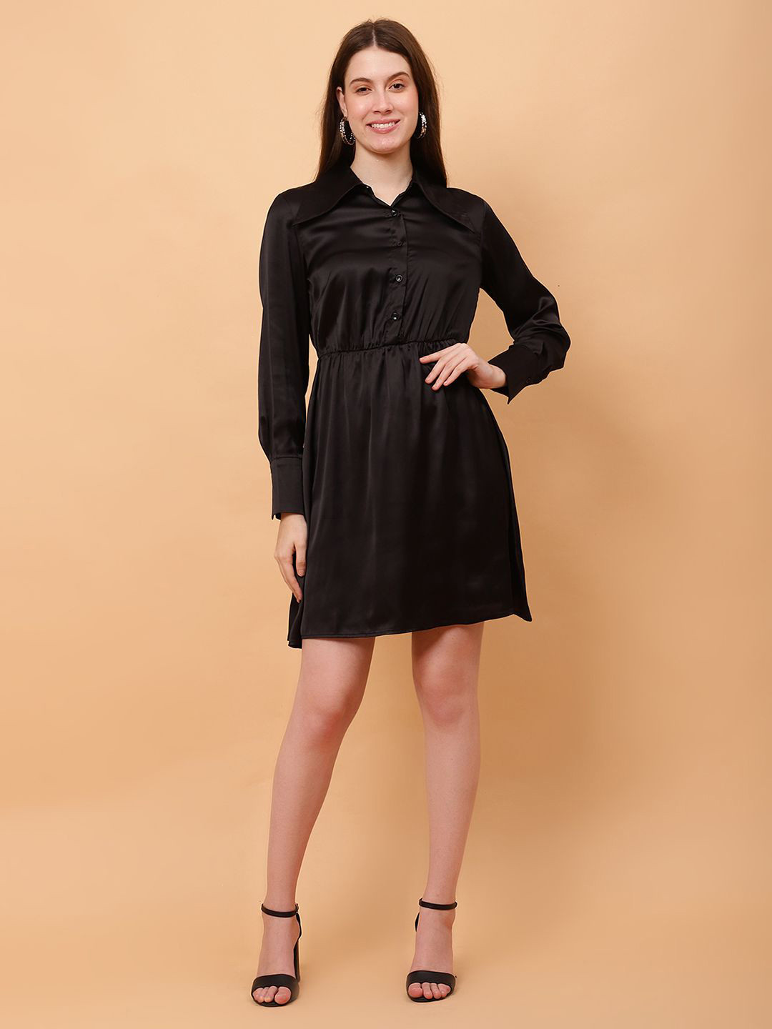 God's Club Women Shirt Coller Cuffed Sleeves Fit & Flare Dress