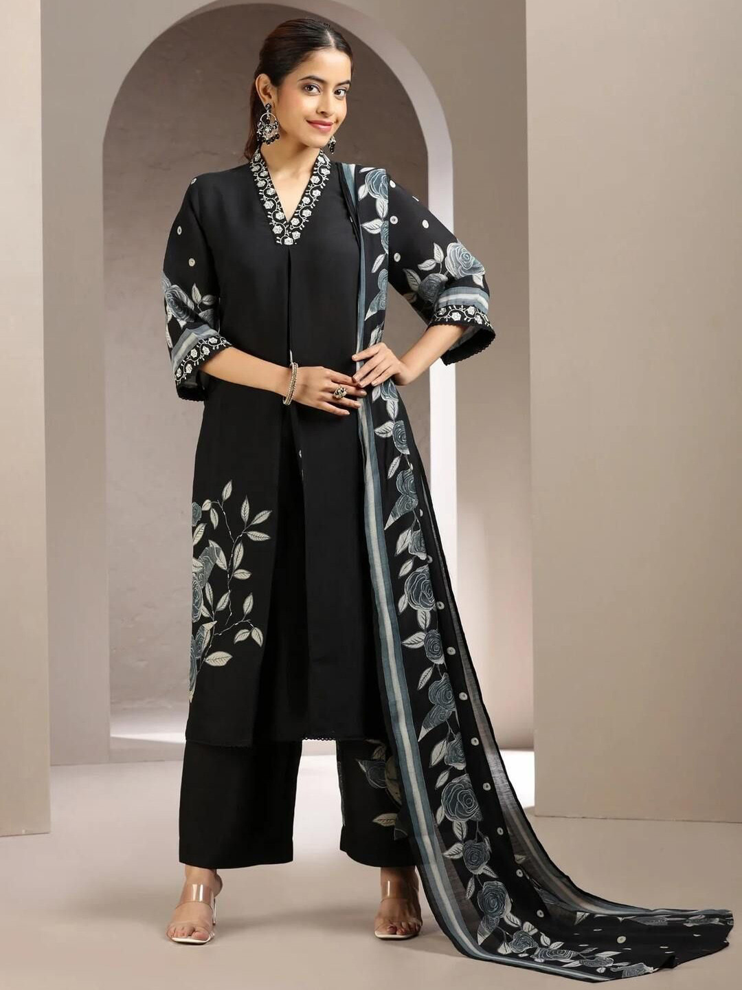 COTTON CULTURE Women Black Roman Silk Embroidered Kurta Pant and Dupatta Set