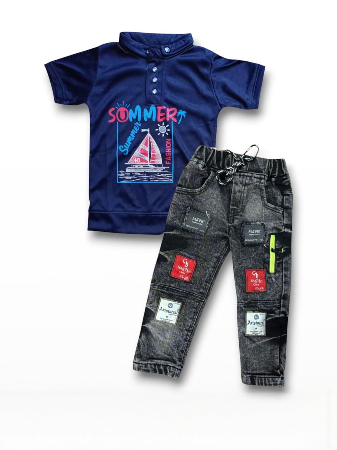 Gori Garmentss Boys Printed Dark Blue T-shirt & Black Jeans Set