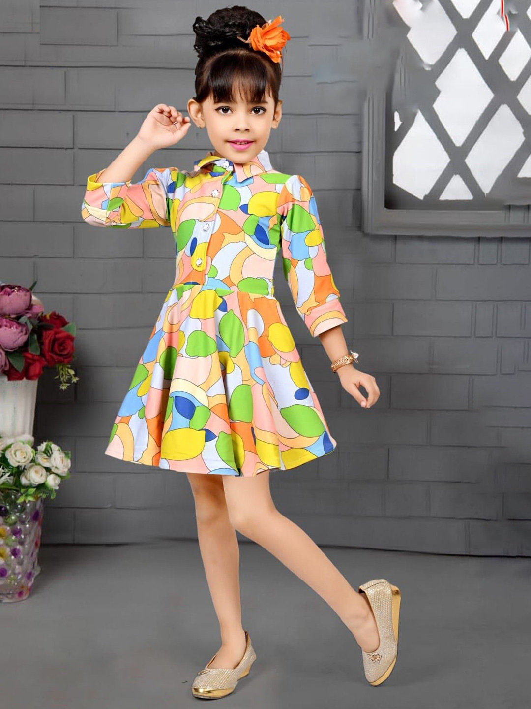 V FIRST Girl Abstract Printed Cotton Fit & Flare Dress