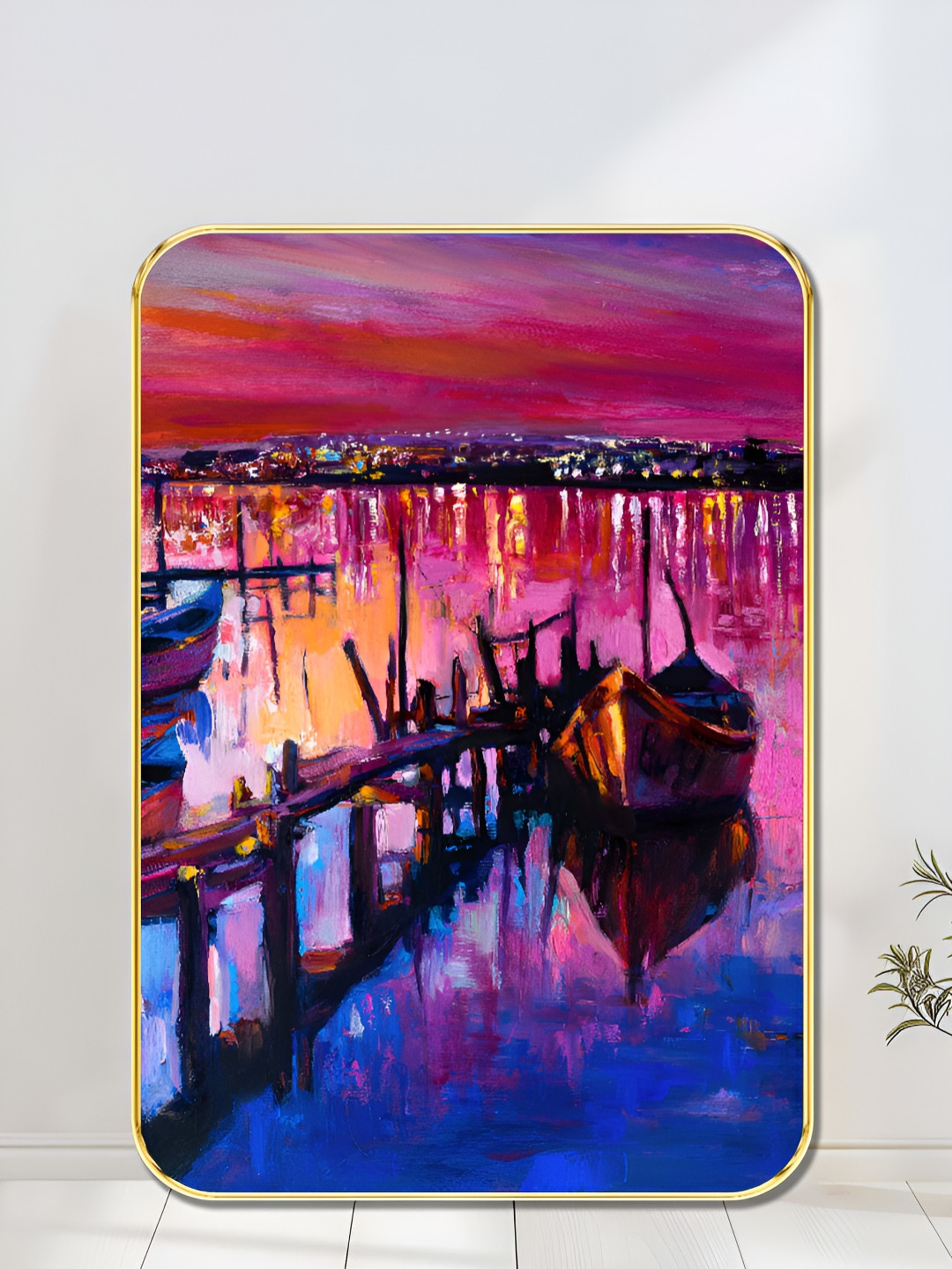Livin'luxe Pink & Blue Sunset Lake Boat Dock Wooden Wall Art