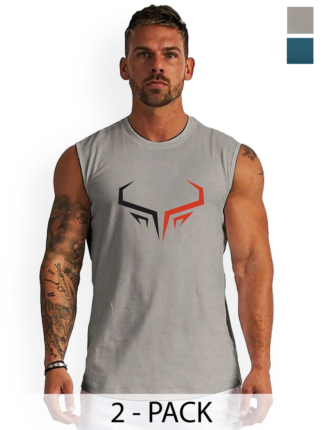 3Colors Pack Of 2 Printed Gym Innerwear Vests VEST-2C-CCUT-GREY HORN_AF SPARK_M