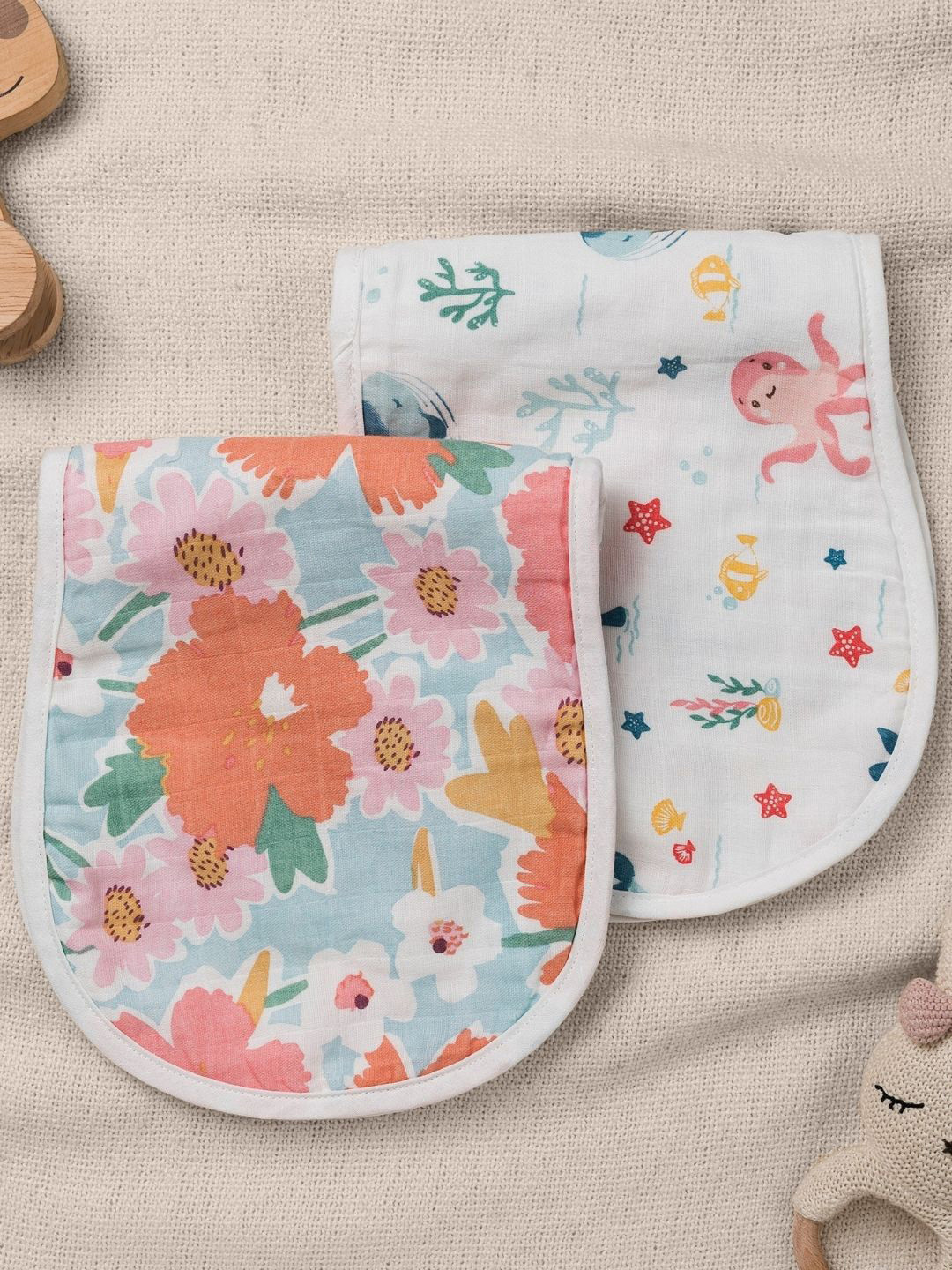 haus & kinder Kids Pack Of 2 Sea and Bloom Printed Burp Cloths