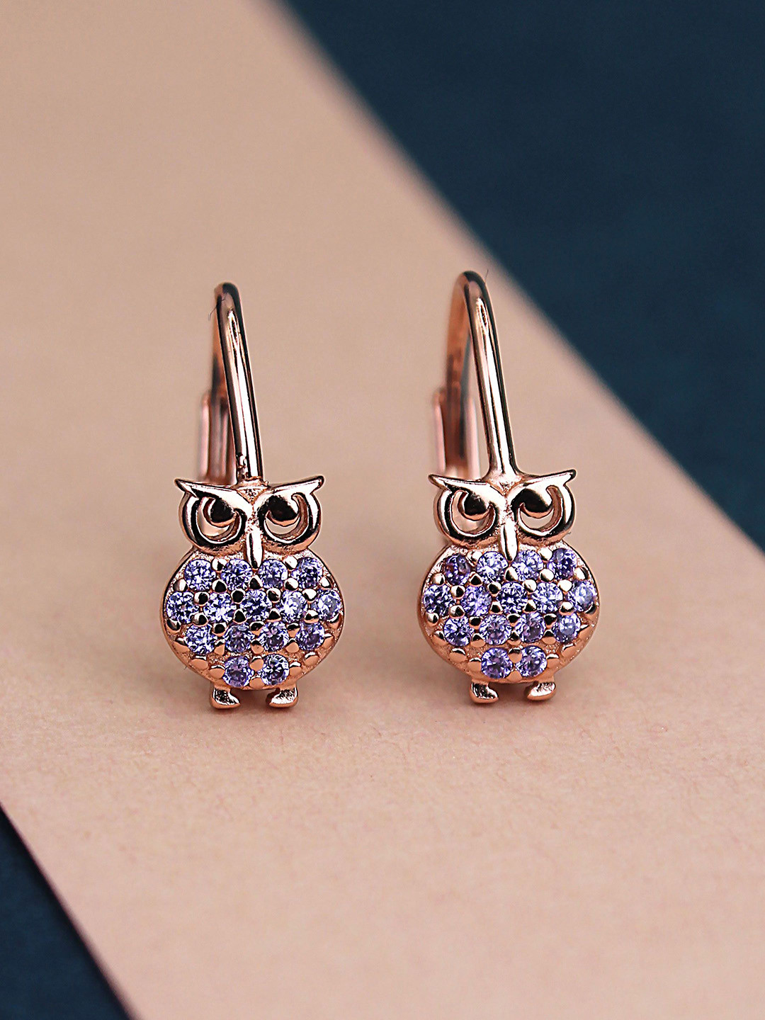 DEVASHREE 925 Sterling Silver Rhodium-Plated CZ Studded Owl Shaped Hoop Earrings