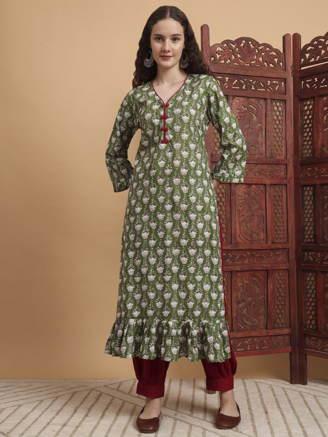 SUFIZA LIFESTYLE Women Ethnic Motifs Hand Block Printed Frill style Kurta