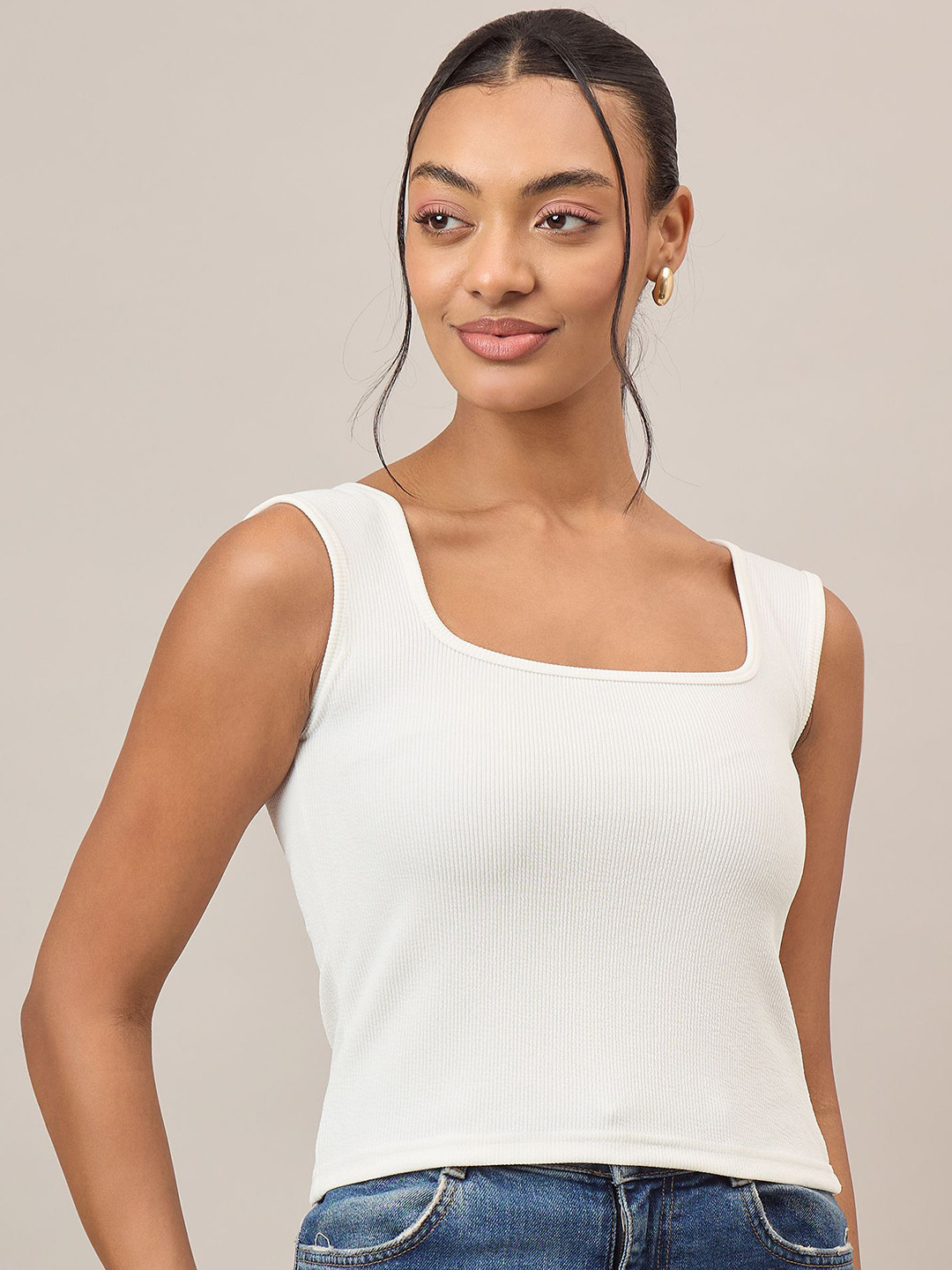 R.Code by The Roadster Life Co. Women Square Neck Sleeveless Ribbed Regular Top