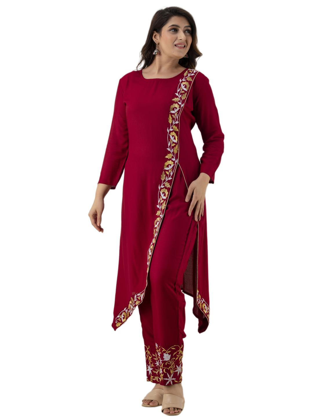 RA Creation Women Mustard Embroidered Viscose Rayon Kurta Sets