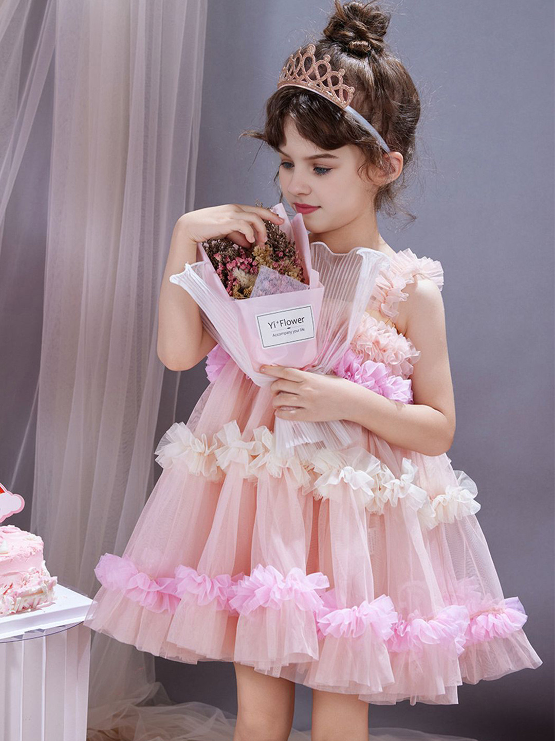 INCLUD Girls Ruffels Tulle Shoulder Straps A-Line Dress