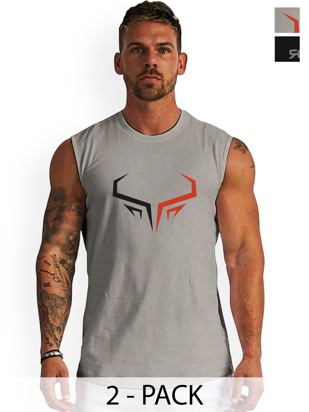 3Colors Pack Of 2 Printed Gym Innerwear Vests VEST-2C-CCUT-BLK FREAKY_GREY HORN_M