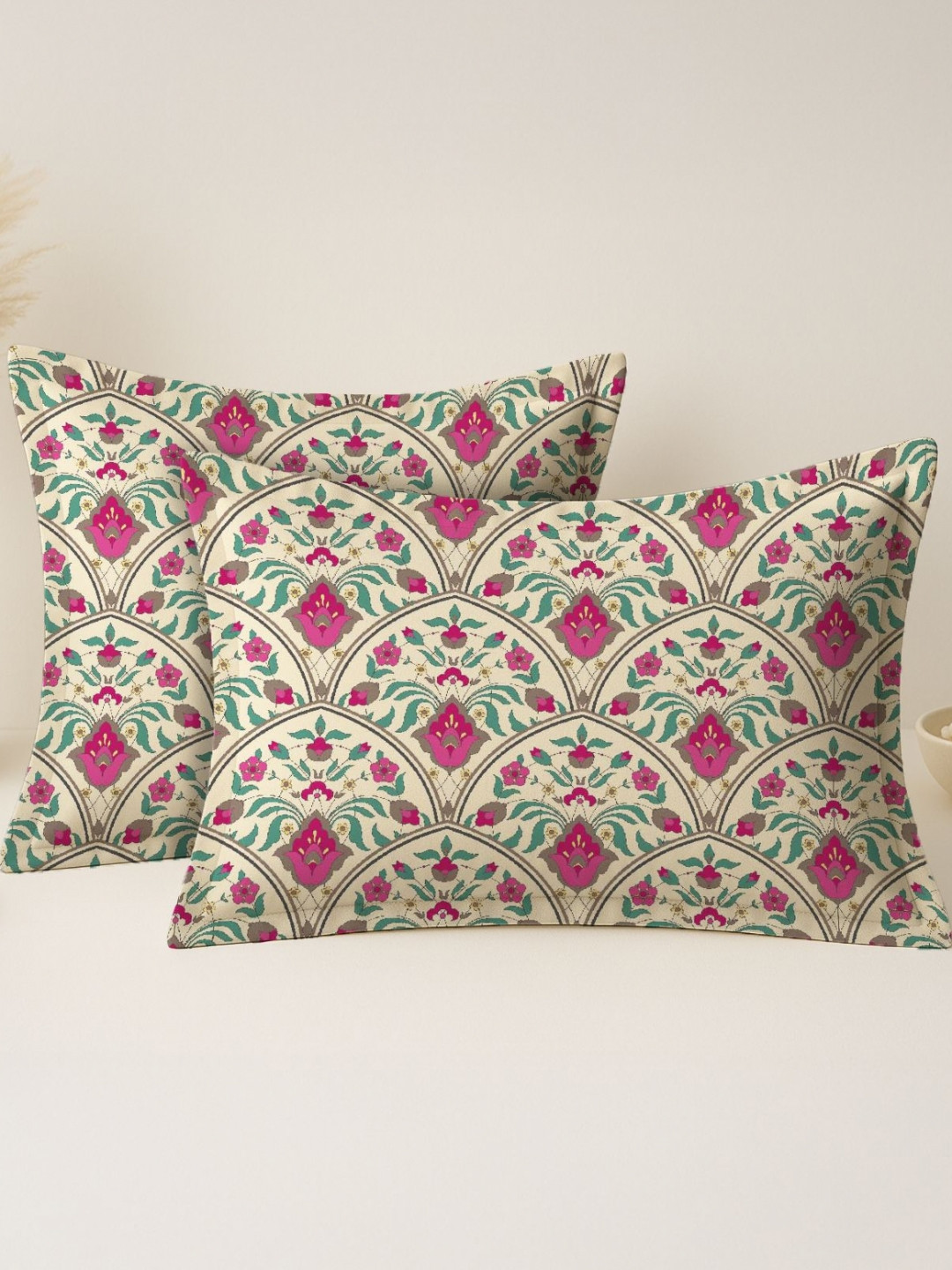 MAYFAIR HOMES LONDON Pink & Beige 2 Pieces Self Design Pure Cotton Rectangle Pillow Covers