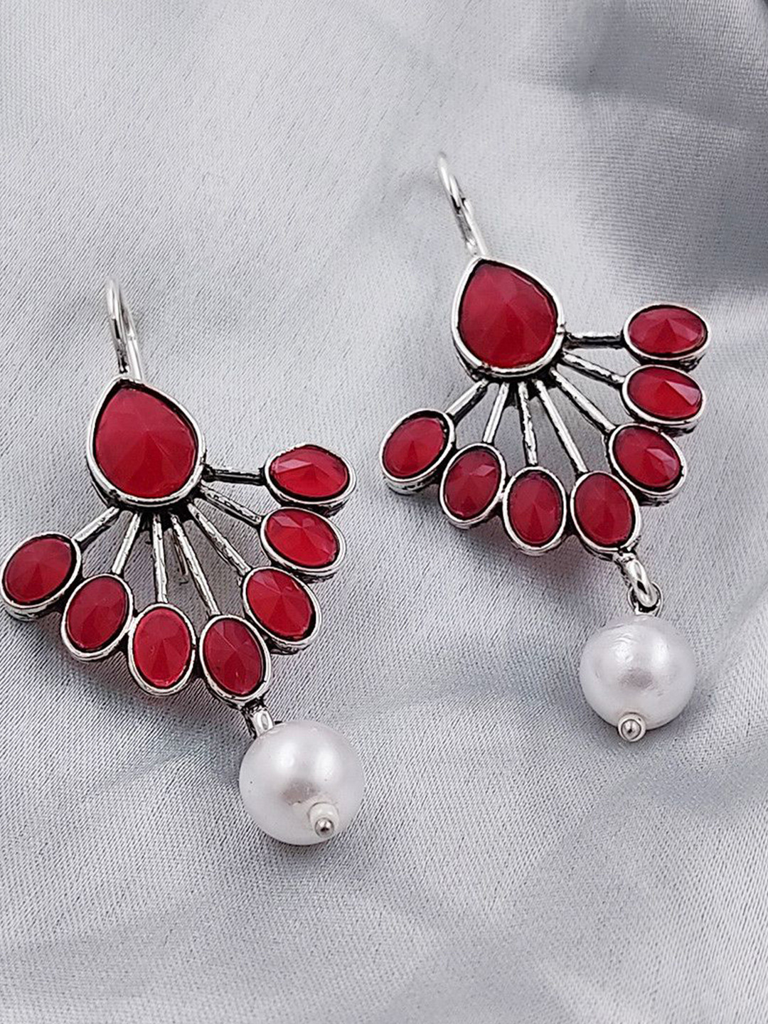 Saizen Silver-Plated Stones Studded & Beaded Teardrop Shaped Oxidised Drop Earrings