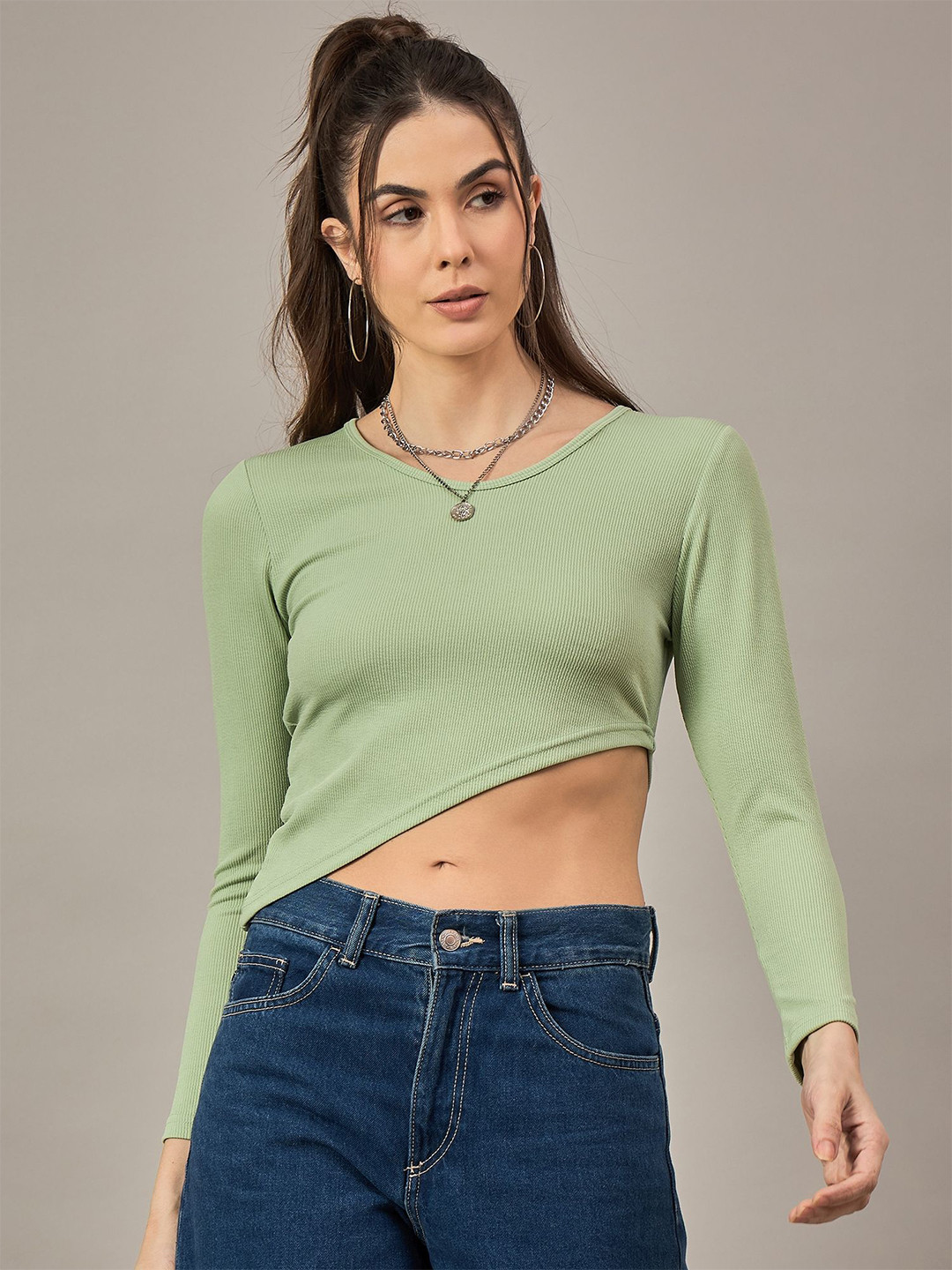 R.Code by The Roadster Life Co. Women Long Sleeves Ribbed Tank Crop Top