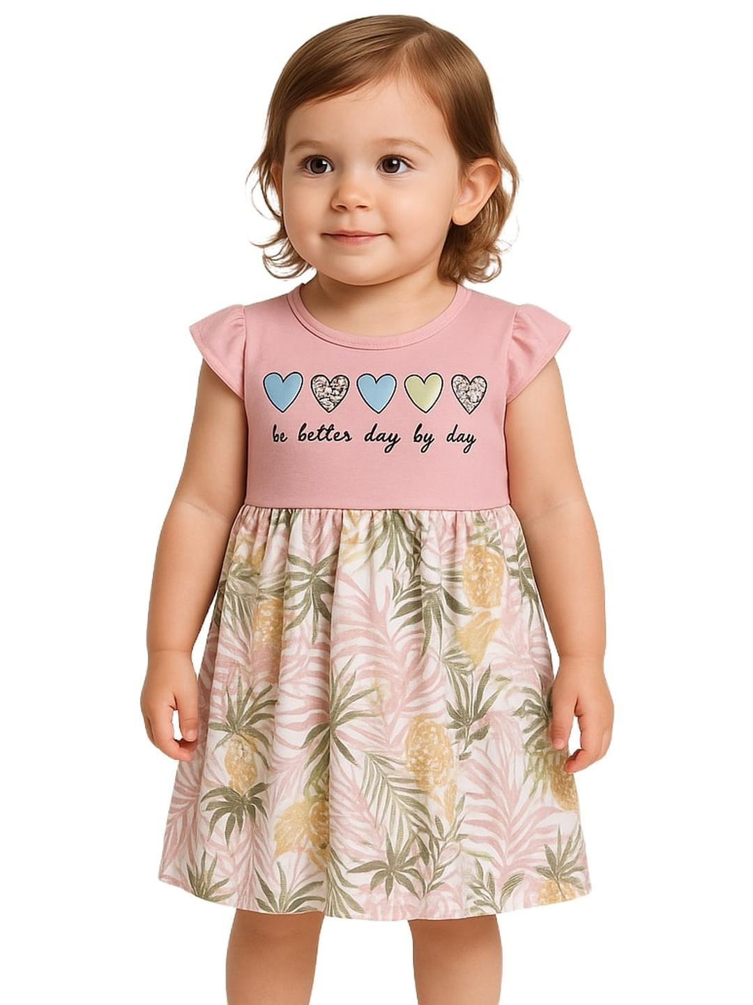 Melon Kidswear Girls Pink & Beige Floral Printed Fit & Flare Knee Length Dress