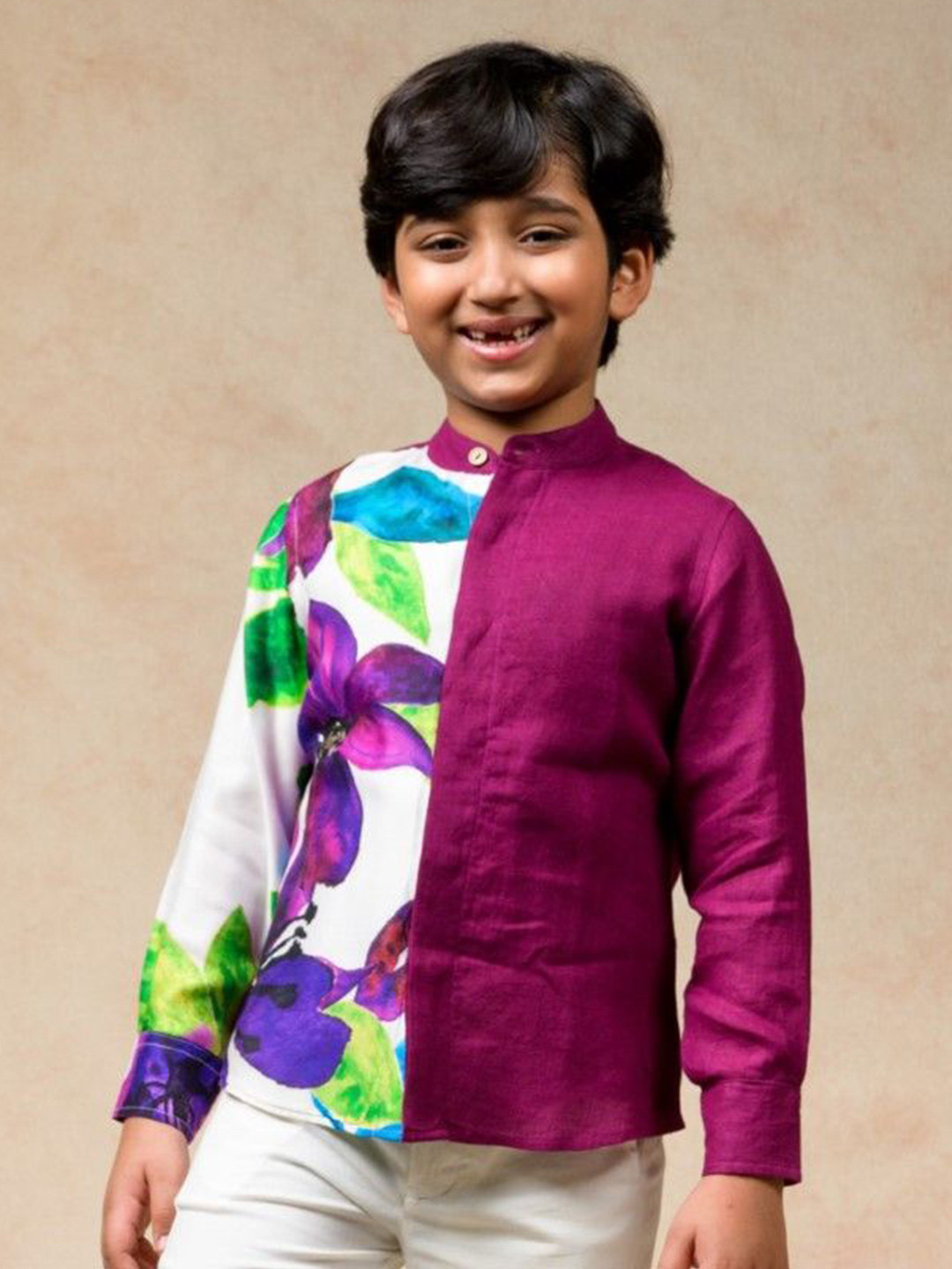 THETAA Boys Relaxed Fit Floral Printed Mandarin Collar Linen Casual Shirt