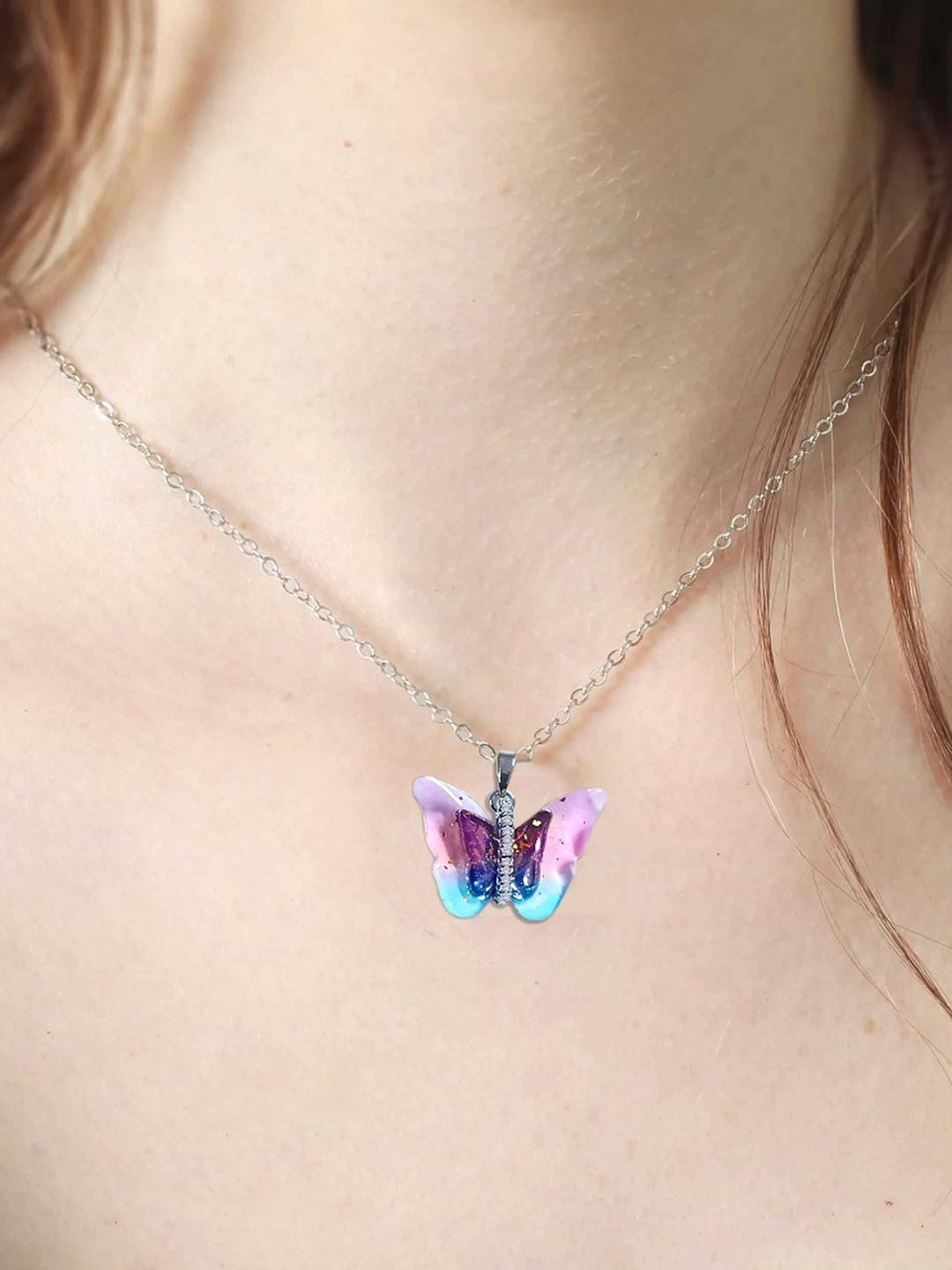 Airtick Girls Pink Colorful AD Butterfly Pendant Clavicle Chain