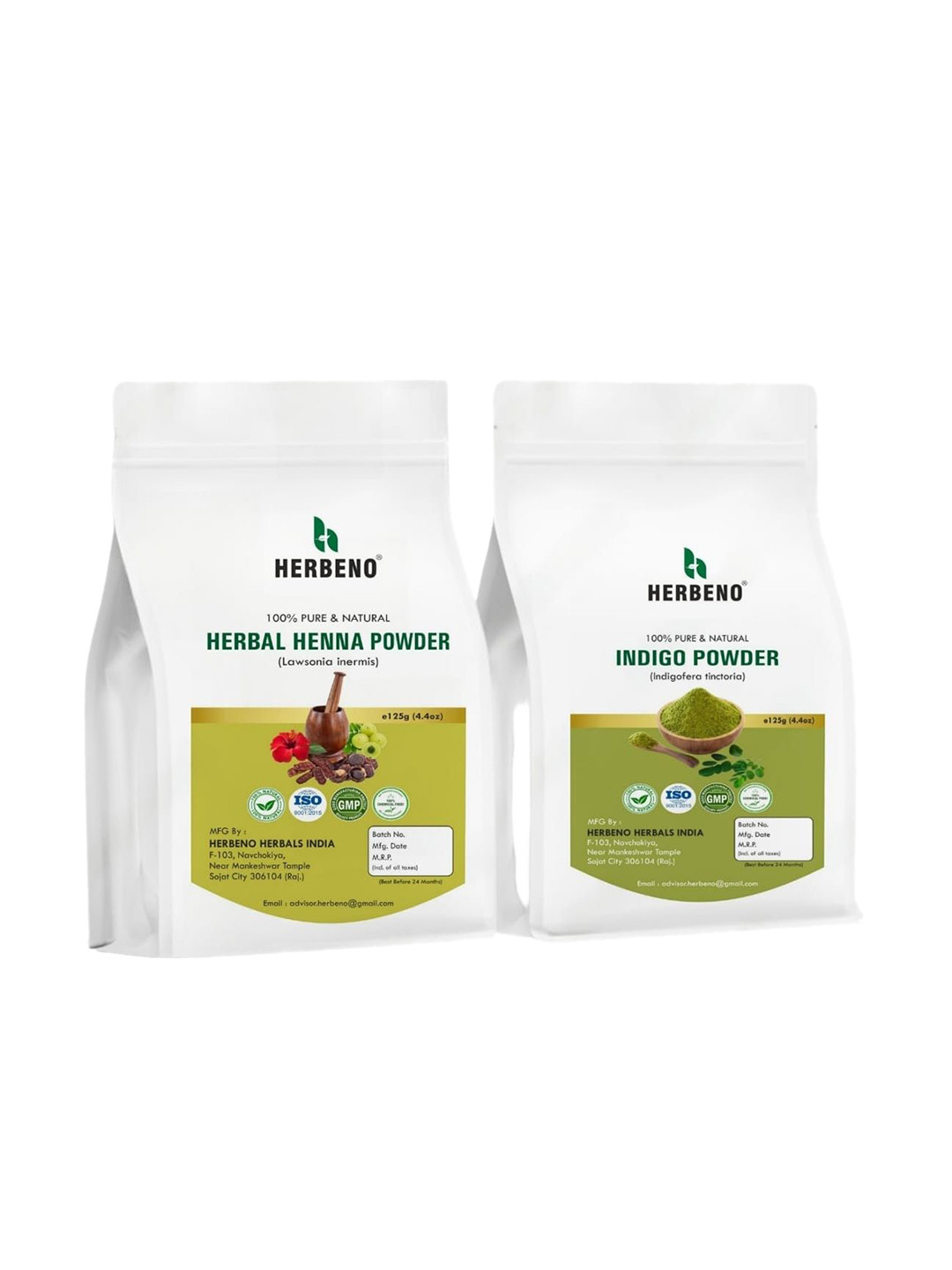 HERBENO Set Of 2 Herbal Henna Powder & Indigo Powder - 125 g Each