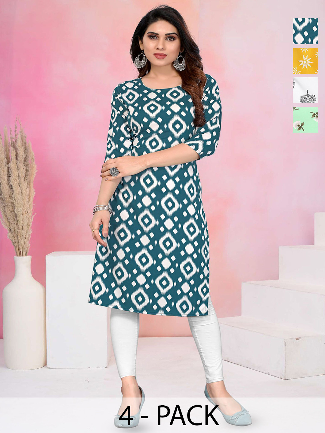 KETAKI FASHION Women Pack of 4 Floral Printed Ikat Daily Straight Kurtas