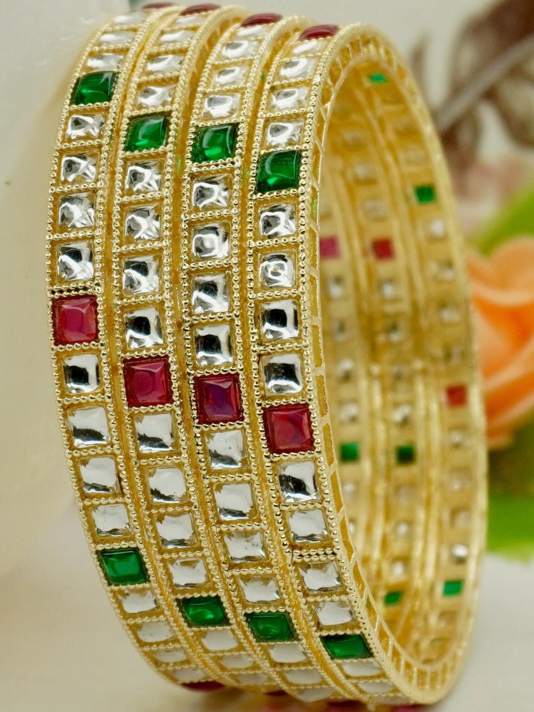Panini jewels Set of 4 Gold-Plated  Ethnic White Mirror Bangles