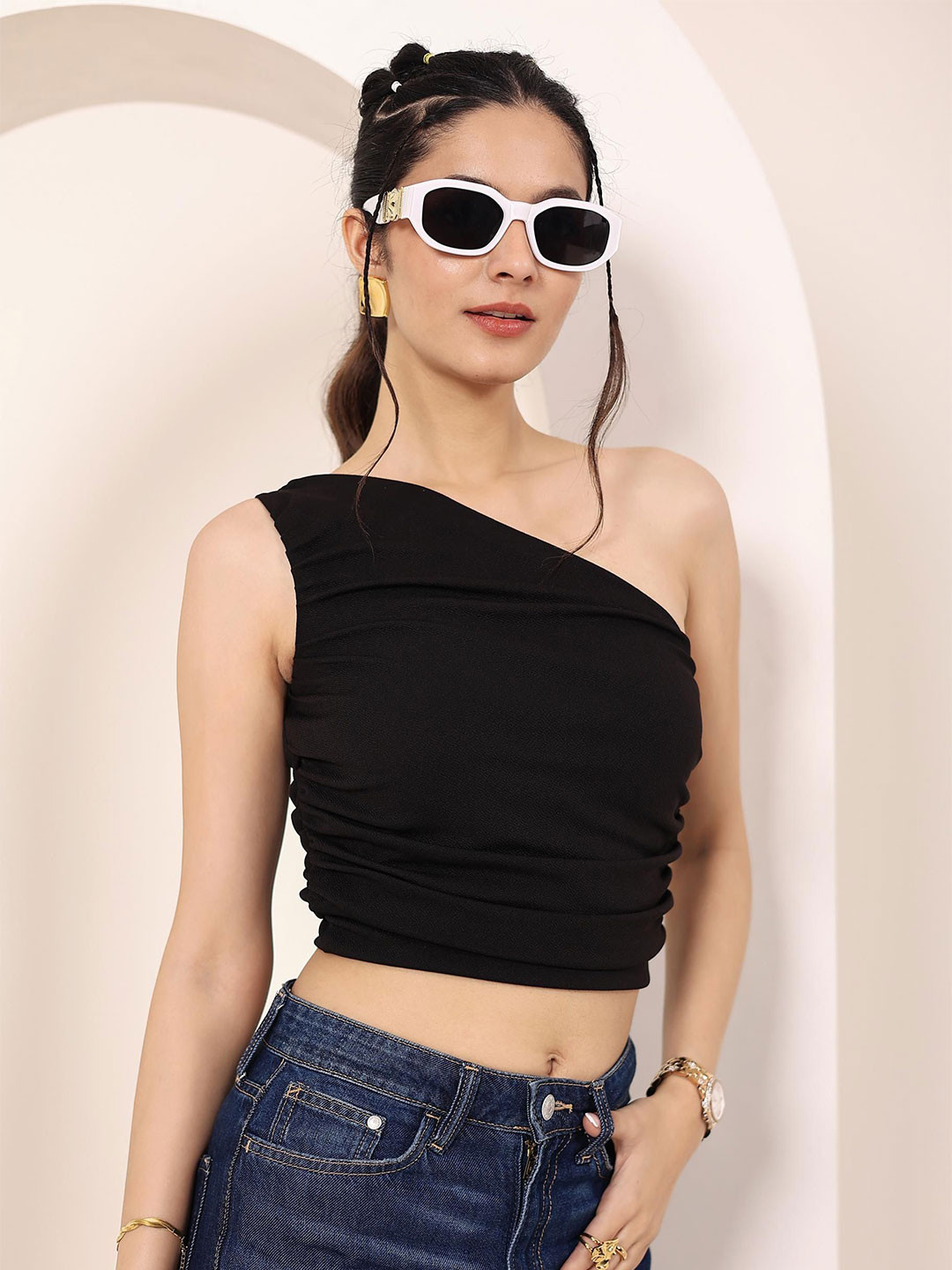 KAORI BY SHREYA AGARWAL Women Solid Black Valentino Bust Fitted One Shoulder Off Crop Top