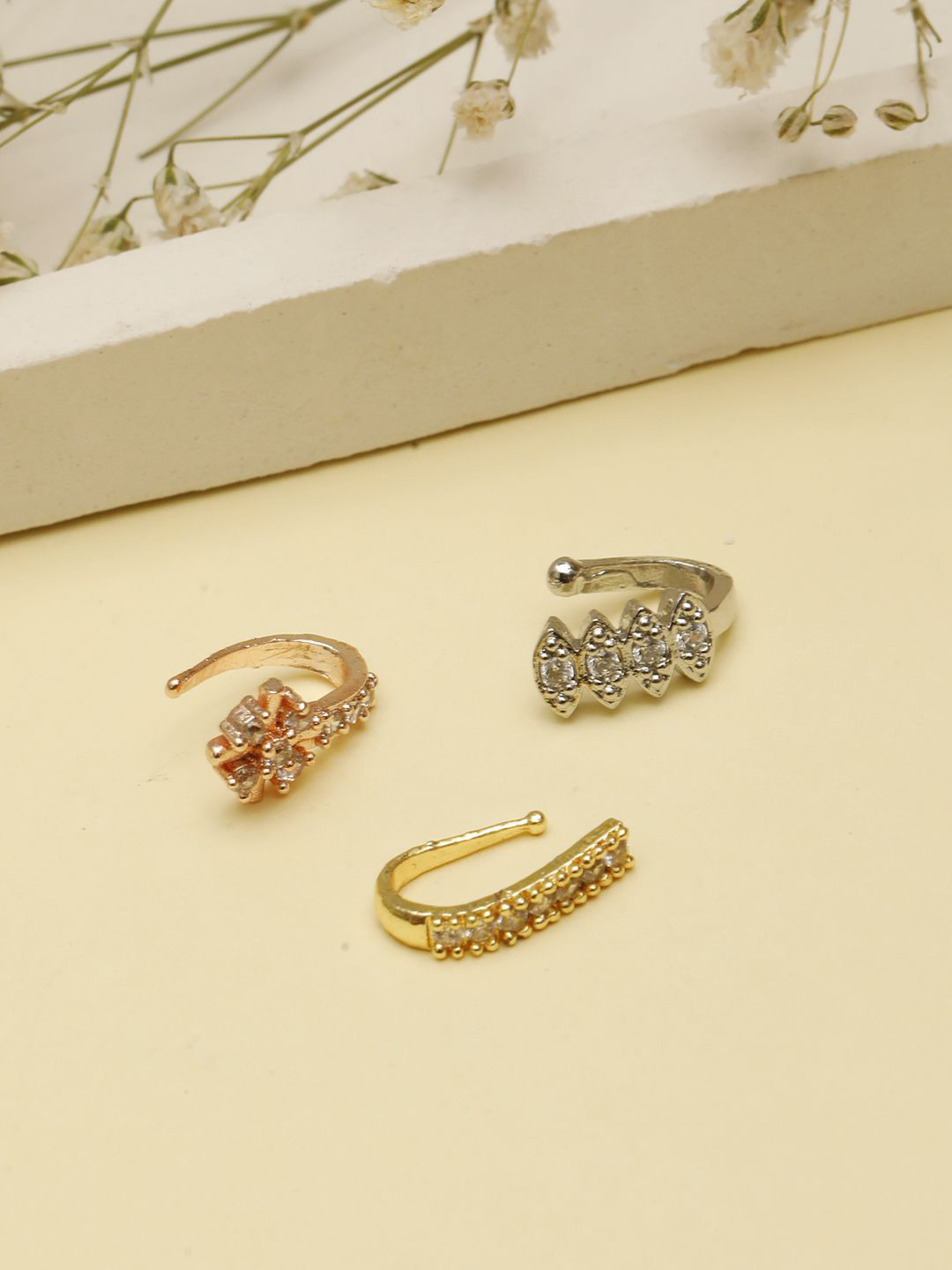VIVAZS Set Of 3 Gold-Plated American Diamond Studded Stud Nosepins
