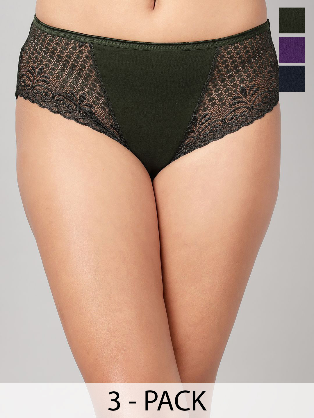 Clovia Pack Of 3 Mid-Waist Hipster Briefs With Lace Wings