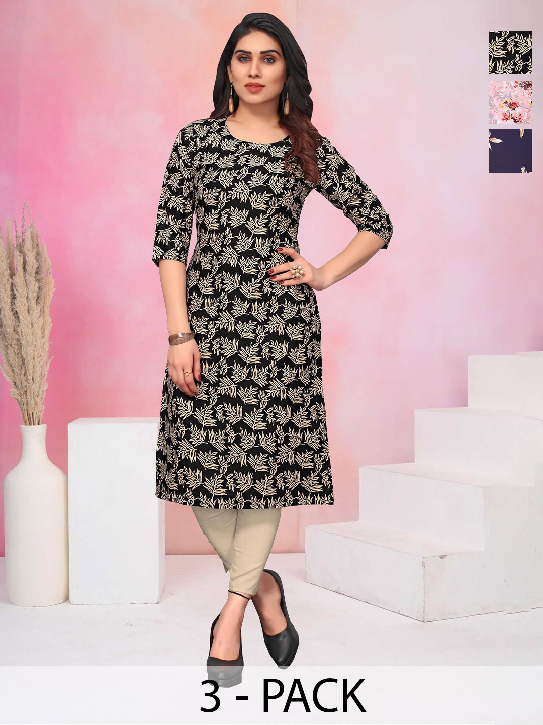 KETAKI FASHION Pack of 3  Women Foral Printed Thread Work Crepe Kurta
