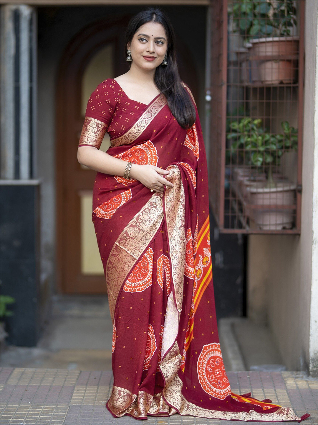 KALINI Zari Border Bandhani Saree