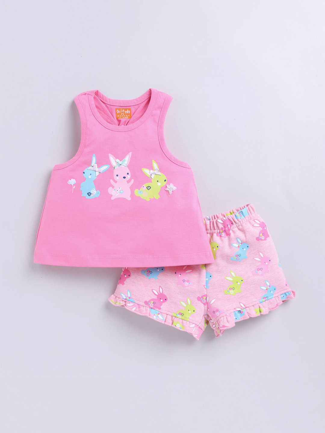 SNUGGLY MONKEY Girls Printed Pure Cotton Top With Shorts