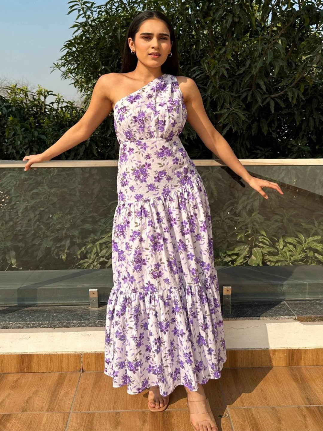 Myclo Alive Women Floral Printed One Shoulder Fit and Flare Cotton Maxi Dress