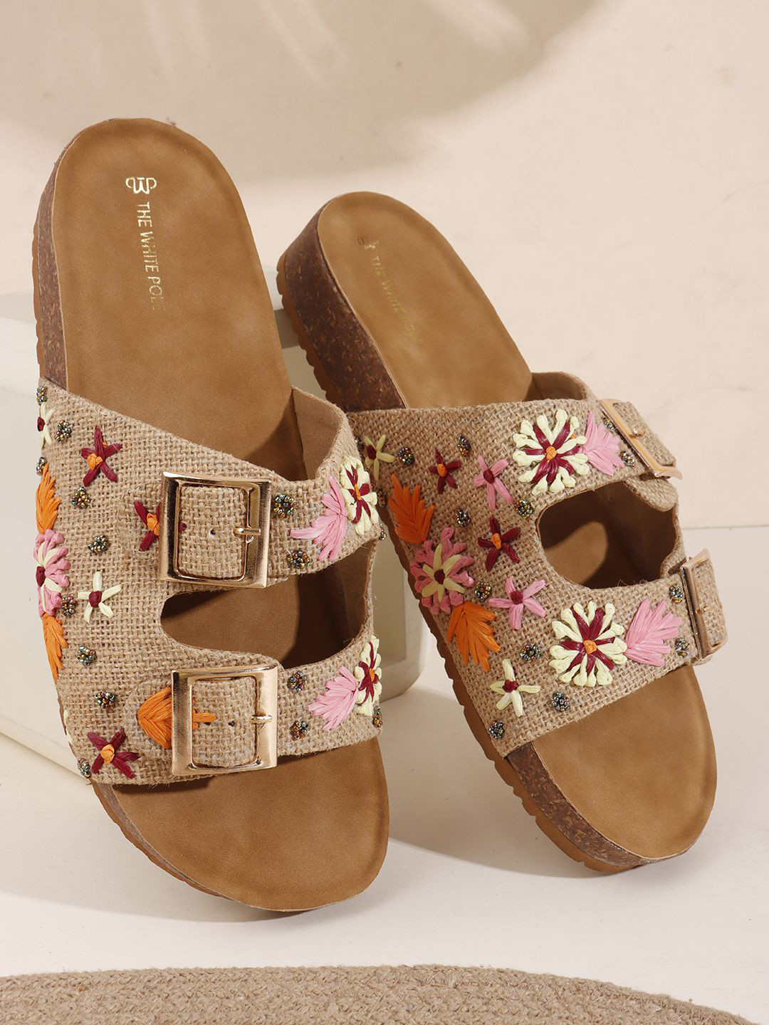 THE WHITE POLE Women Woven Design Embroiderd Open Toe Flats