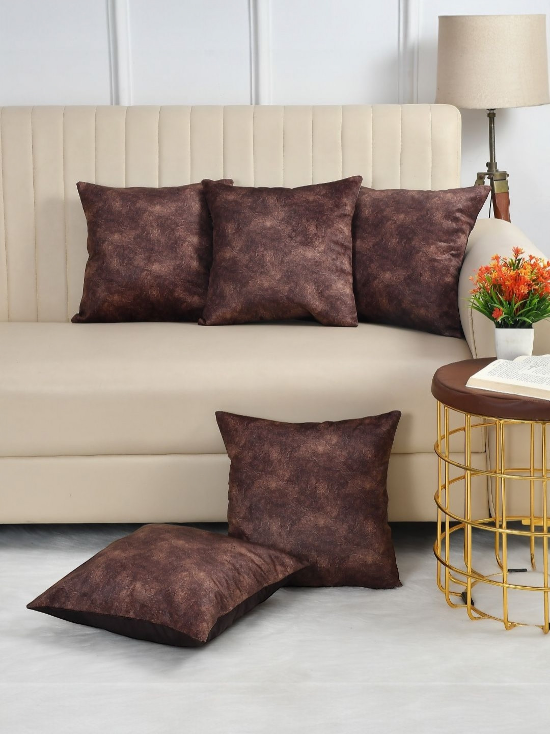 WISE HOME Coffee Brown & White 5 Pieces Abstract Square Cushion Covers