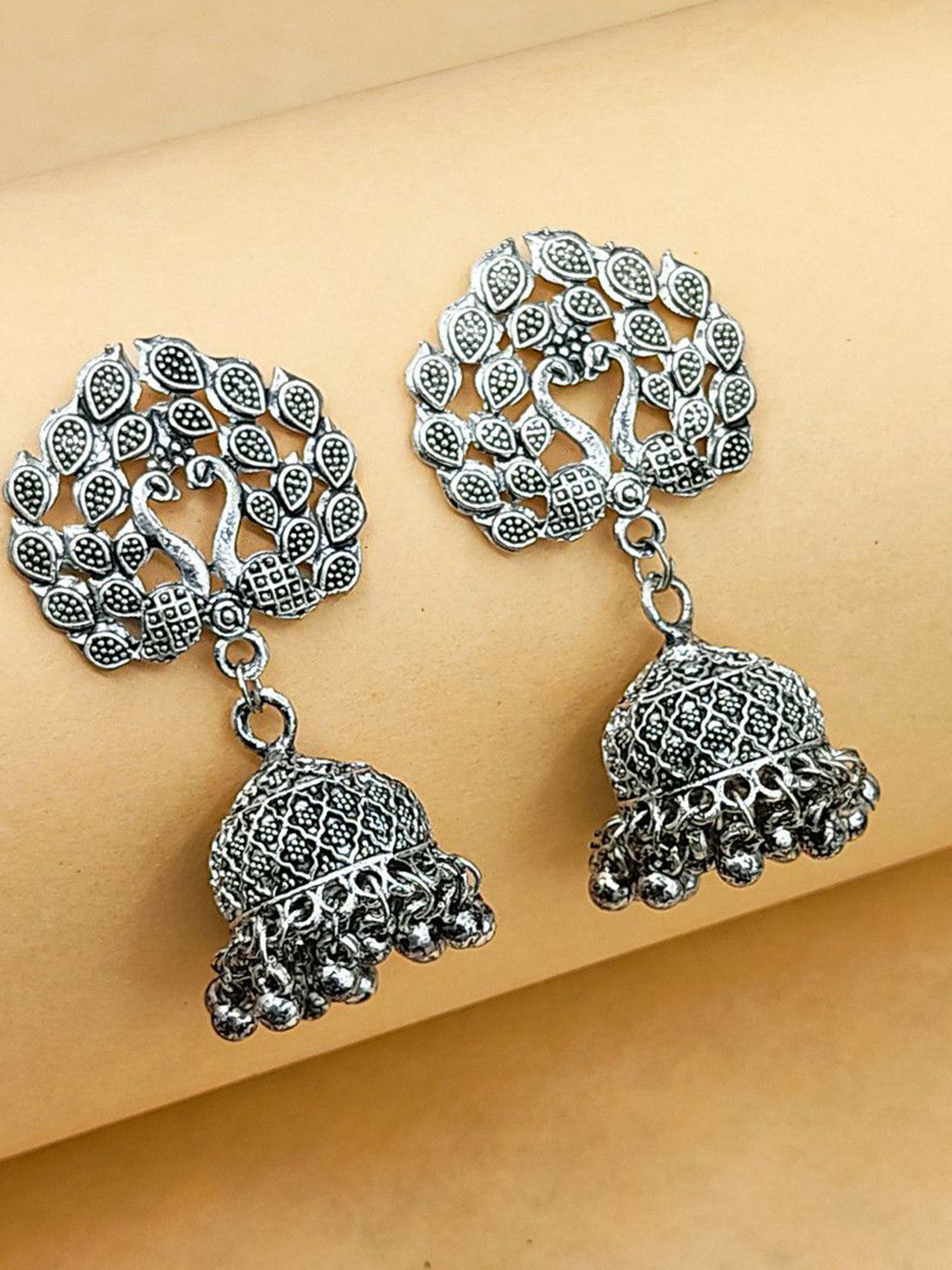 Saizen Silver-Plated Ghungroo Beaded Oxidised Peacock Shaped  Jhumkas