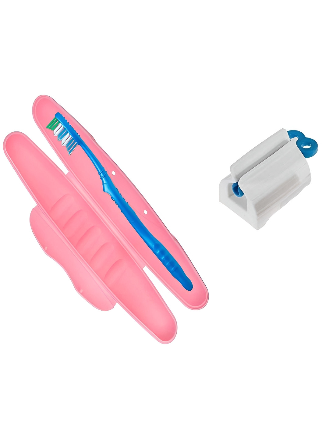 upkaranwale Pink & Blue 2 Pieces Toothbrush Cover Holder and Rolling Tube Seat Holders