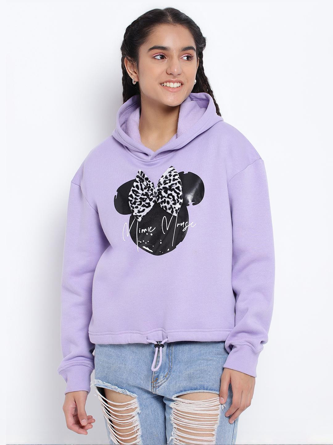 Lil Tomatoes Girls Purple Micky Mouse Printed Hooded Sweatshirt