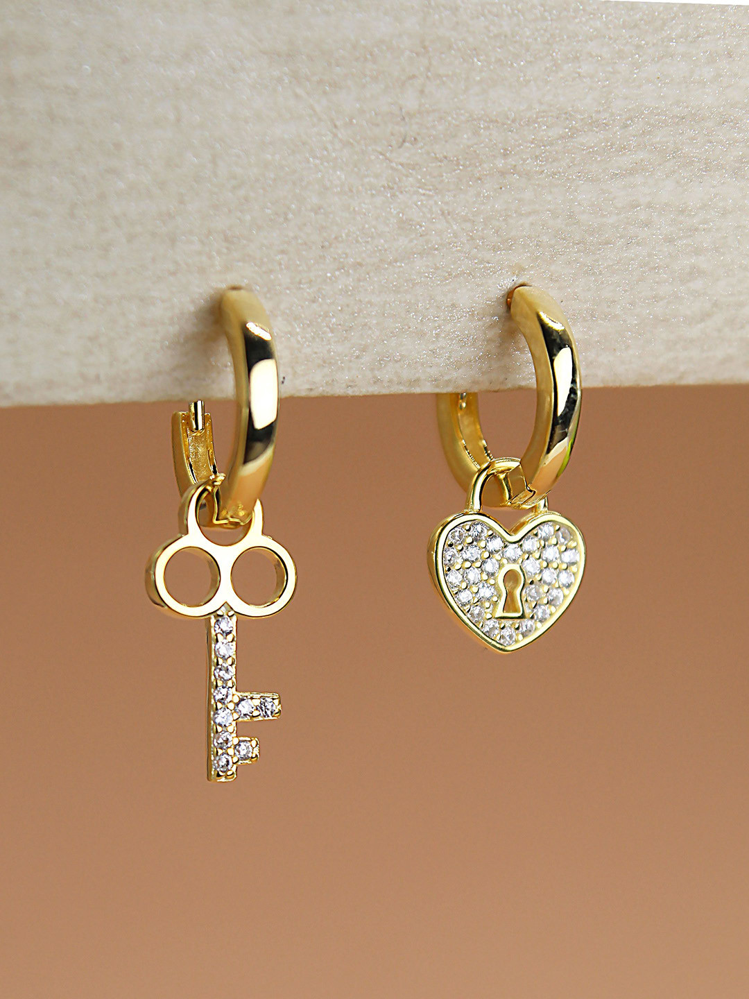 DEVASHREE 925 Sterling Silver Rhodium-Plated CZ Studded Mismatch Lock Key Hoop Earrings