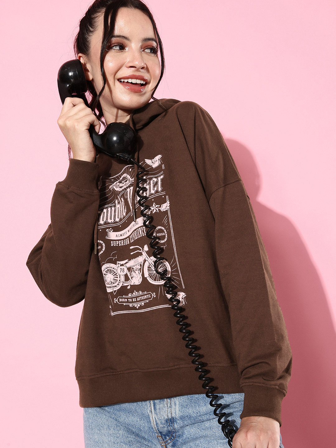 The Roadster Life Co. Muddy Brown Printed Hooded Pullover Oversized Baggy Sweatshirt