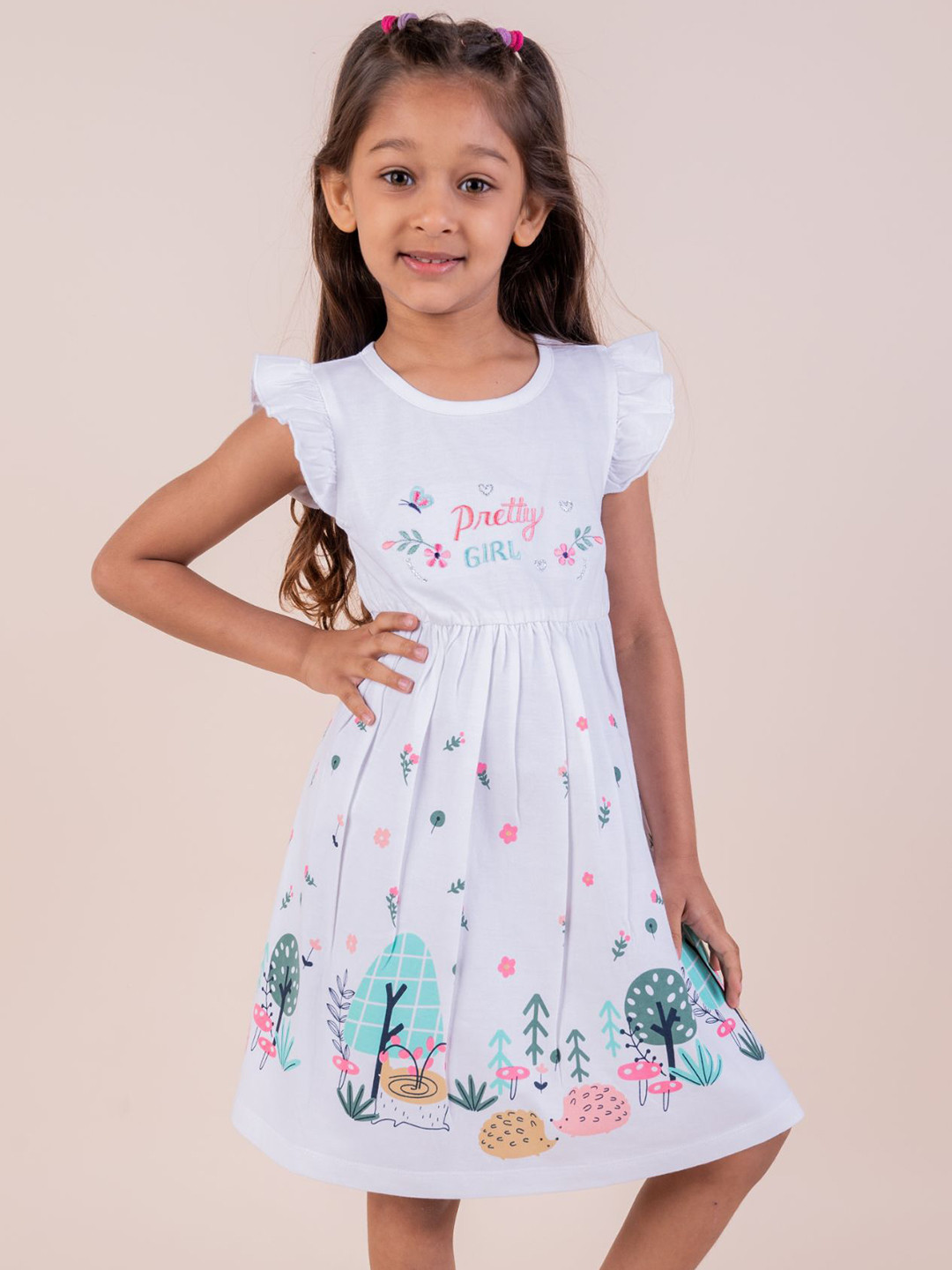 SNUGGLY MONKEY Girls Floral Embroidered Round Neck Flutter Sleeve Fit & Flare Dress