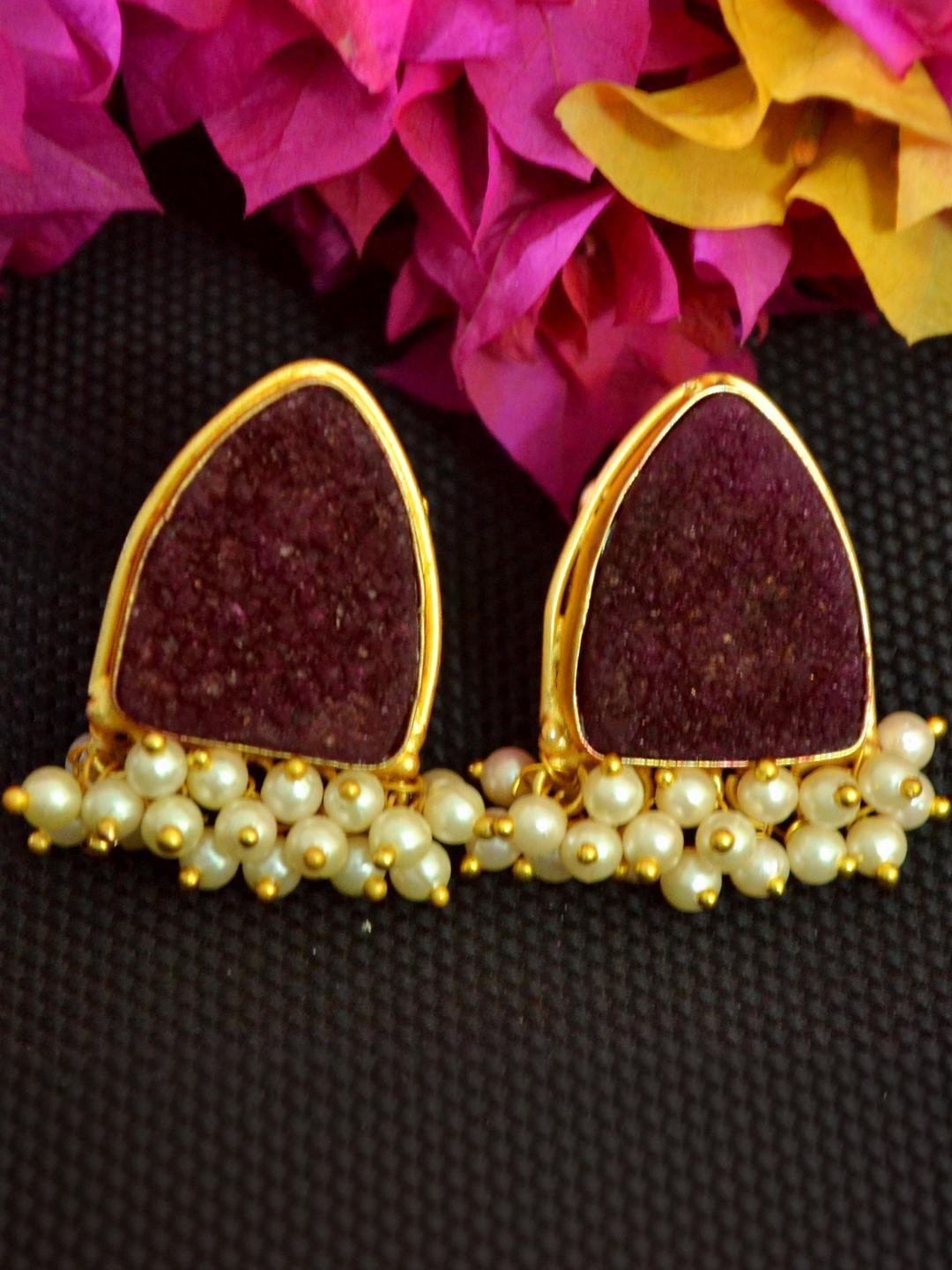 SHREEVARAM Women Violet Triangular Studs Earrings